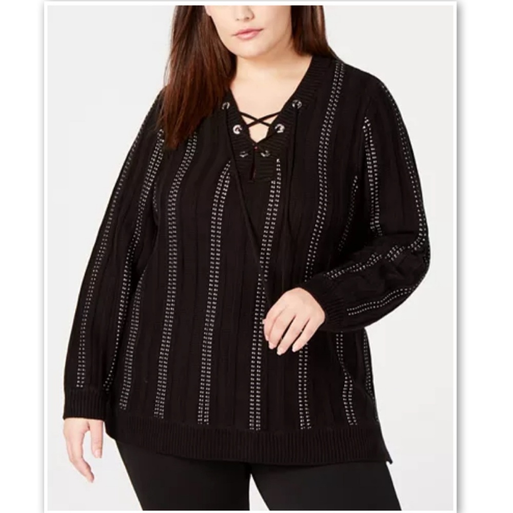 Calvin Klein Plus Lace Up Sweater Black White 1X - Picture 1 of 6